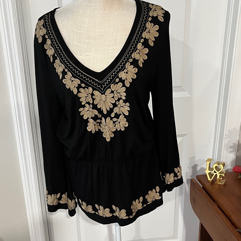 Boston Proper Stunning Gold Floral Embroidery Cinched Waist Rare